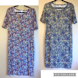 LULAROE Set 2 Julia T-Shirt Dresses Size M 4 6 8 I0 Floral Geometric Blue Purple